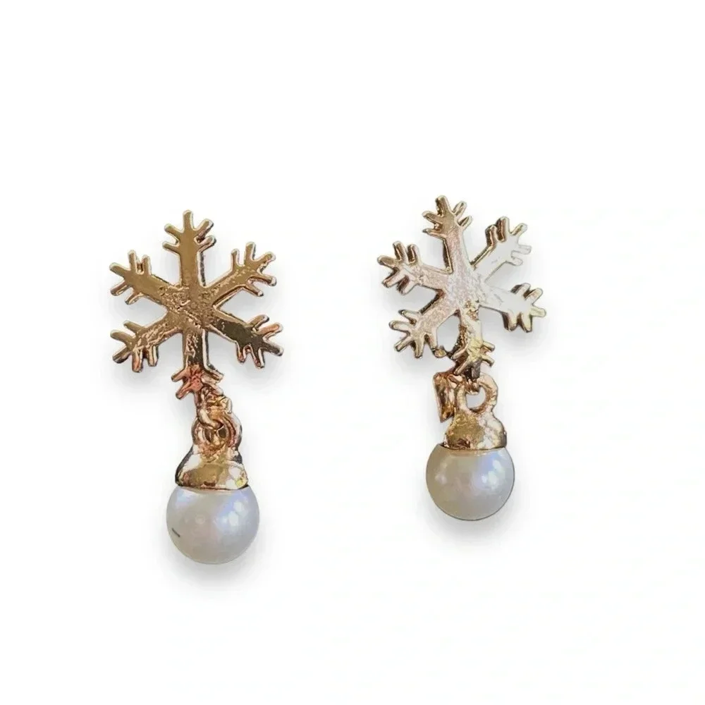 Gold Tone Snowflake Huggie Earrings with Faux Pearl Drops
